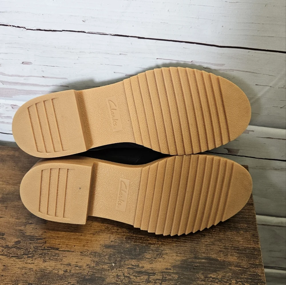 Clarks Black Suede Platform Loafers with Tan Lug Sole and Buckle